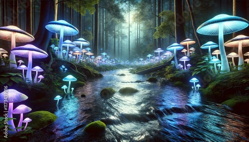 Mystical forest of glowing mushrooms by a shimmering stream under ethereal moonlight photo