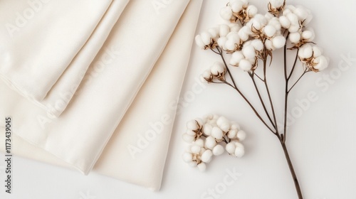 Soft cotton fabric and natural cotton bolls arrangement photo