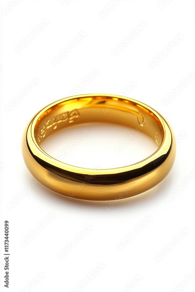Close-up of a shiny gold wedding band on a white background, showcasing its elegant and timeless design. Close-up of a shiny gold wedding band on a white background, showcasing its elegant and timeless design.