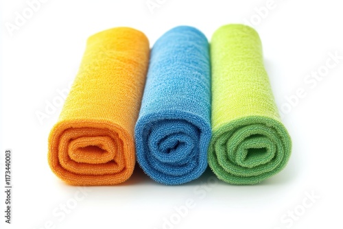 A neatly arranged set of rolled microfiber cloths, each in a different vibrant color