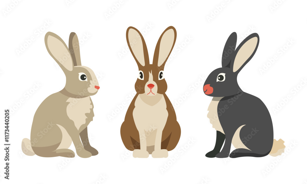 Obraz premium Beige, brown and black bunnies Easter bunnies in different poses. Illustration in vector style