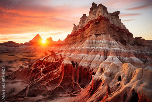 This remarkable landscape in South Dakota at sunrise showcases rugged formations, warm colors, and tranquil beginning of a new day in dramatic beauty of Badlands photo