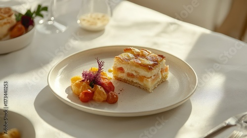 Wallpaper Mural White table with artisanal dish on delicate plate and taupe background Torontodigital.ca