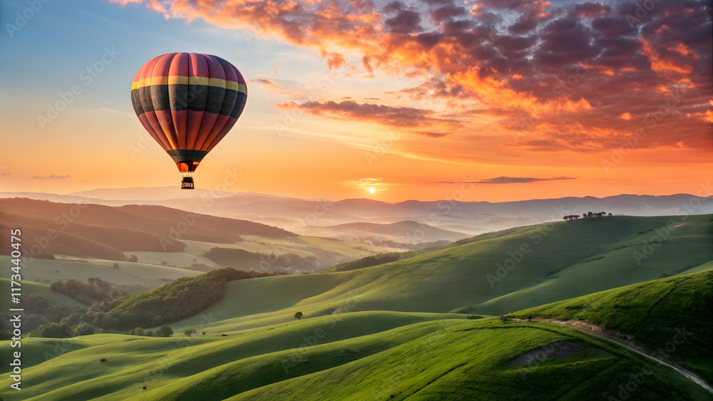 Obraz premium Vibrant Hot Air Balloon Gliding Over Rolling Green Hills at Sunset