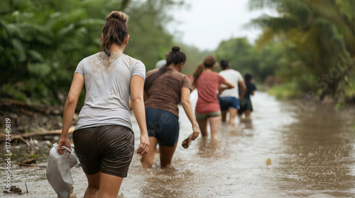 Disaster relief volunteers crossing flooded river, transporting critical humanitarian supplies to affected community during emergency response photo