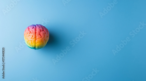 Colorful brain model glowing softly with rainbow hues, suspended on a clean blue background, symbolizing creativity, neurodiversity, and mental health