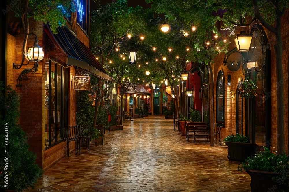 Obraz premium Serene Night View of Charming Alleyway with String Lights and Trees