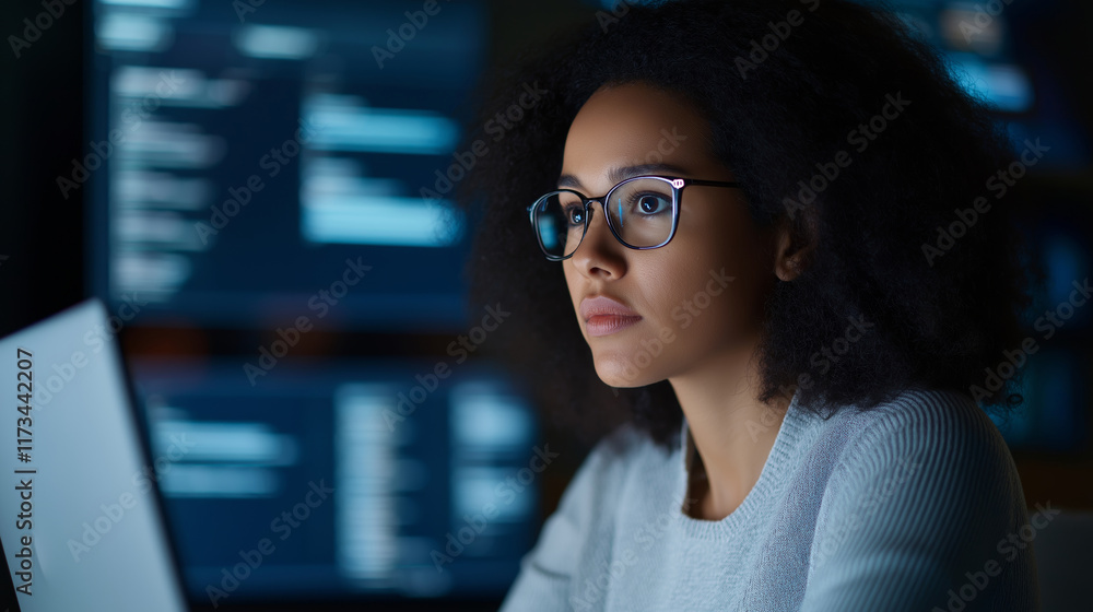 Female programmer intensely concentrating, typing debugging solution on laptop screen during nighttime office coding session Female programmer intensely concentrating, typing debugging solution on laptop screen during nighttime office coding session