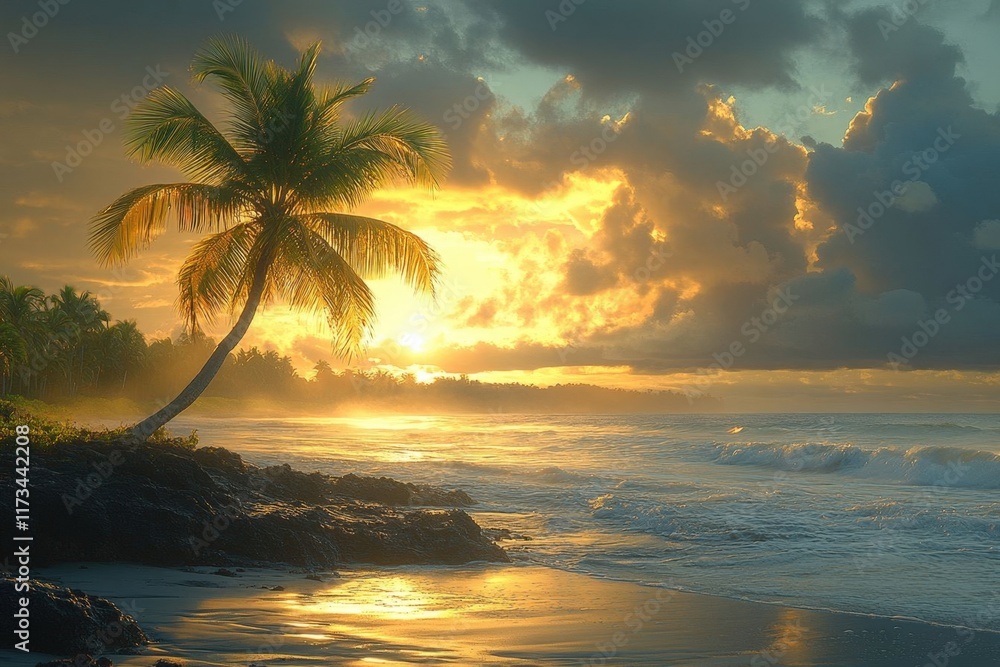 Tropical sunrise beach scene with lone palm tree, golden light reflecting on calm ocean waves and dark rocks. Tropical sunrise beach scene with lone palm tree, golden light reflecting on calm ocean waves and dark rocks.