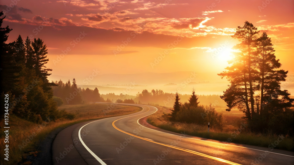 Scenic Winding Road Through Forest at Sunrise with Colorful Sky Scenic Winding Road Through Forest at Sunrise with Colorful Sky