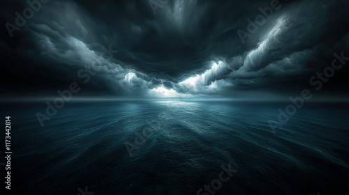 Dark storm clouds gather over a turbulent ocean at night.