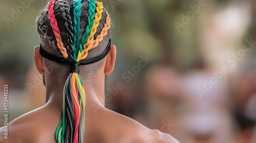 Colorful braided hairstyle, man's back, outdoor festival, blurred background; ideal for fashion, beauty, or lifestyle blogs. photo