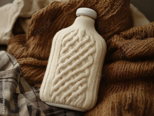 off-white cable-knit hot water bottle cover displayed against a neutral background, showcasing the texture. photo