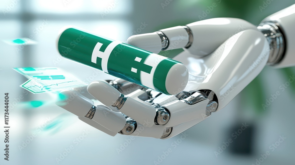Fototapeta premium Robotic arm gripping futuristic green and white device, glimpse into advanced technological innovation