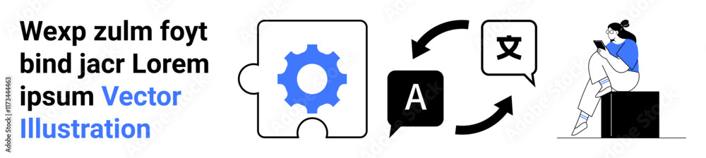 Puzzle piece with blue gear symbol, language translation icons, woman reading on phone, text. Ideal for language learning, app development, tech, education, communication globalization Puzzle piece with blue gear symbol, language translation icons, woman reading on phone, text. Ideal for language learning, app development, tech, education, communication globalization