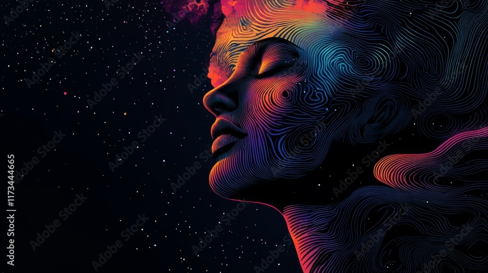 A cosmic-themed artwork, this piece features a person's face intricately intertwined with vibrant, swirling colors and patterns, symbolizing unity with the universe. A cosmic-themed artwork, this piece features a person's face intricately intertwined with vibrant, swirling colors and patterns, symbolizing unity with the universe.