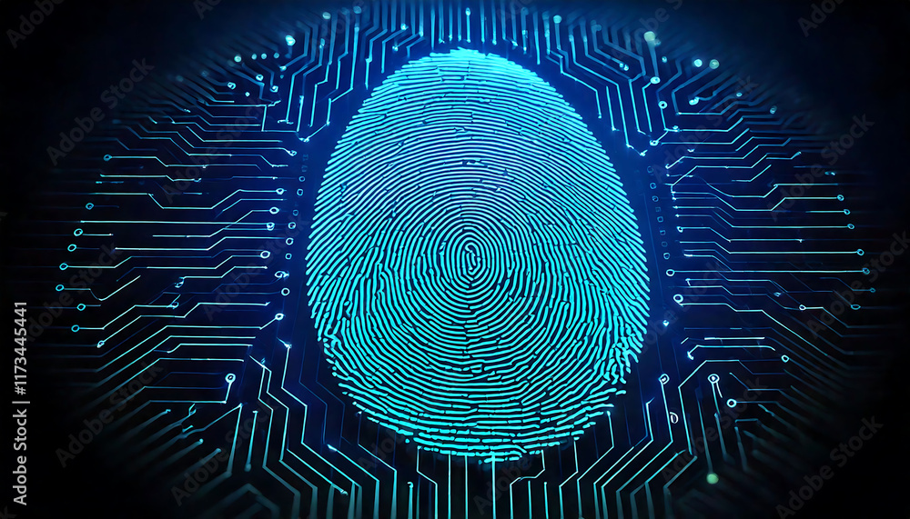 Stunning abstract image of a glowing teal fingerprint superimposed on a circuit board. Stunning abstract image of a glowing teal fingerprint superimposed on a circuit board.