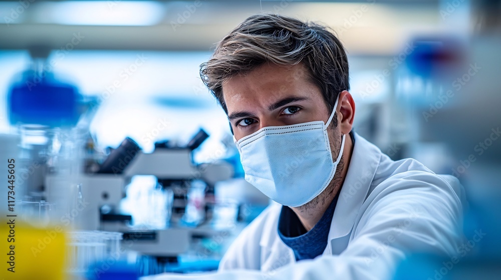 Masked Researcher Conducting Precision Scientific Experiment in High-Tech Laboratory Masked Researcher Conducting Precision Scientific Experiment in High-Tech Laboratory