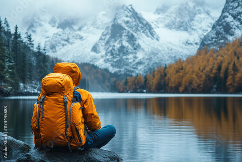 Outdoor adventure by the lake amidst stunning mountain scenery in autumn colors photo