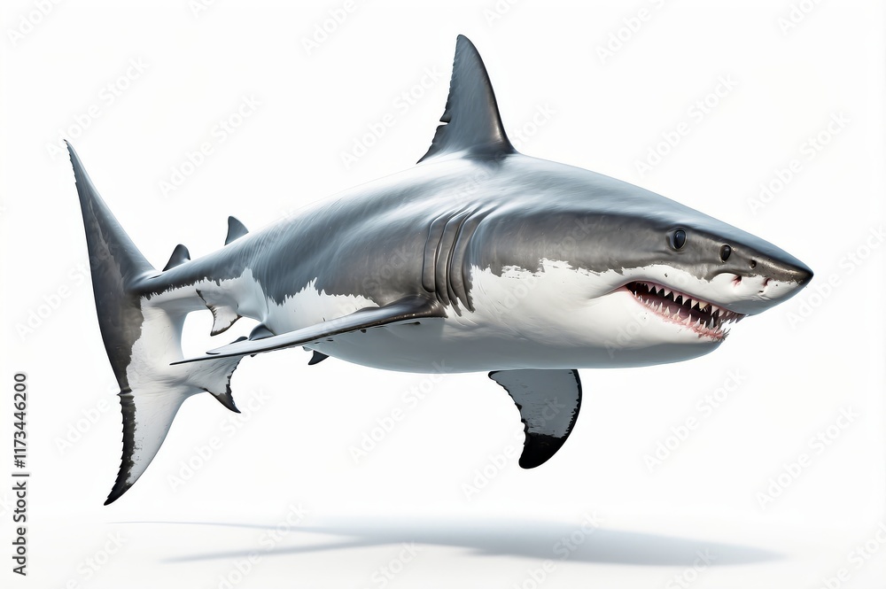 Fototapeta premium Great white shark swimming, isolated on white background.