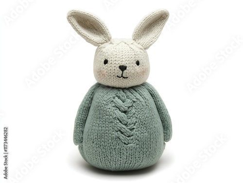 teal-colored knitted bunny toy wearing a matching sweater, presented on a light background. photo