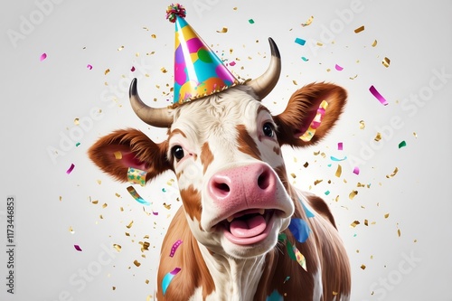 Happy cow wearing a party hat amidst confetti.