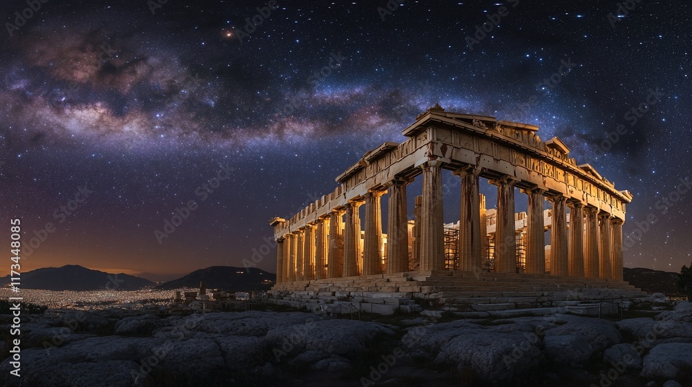 Fototapeta premium Parthenon at night under the Milky Way galaxy.
