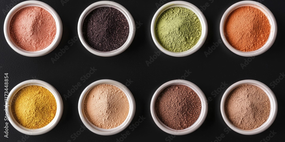 Natural pigments offer unique hues for various creative projects, deep black background highlighting their brilliance. Natural pigments offer unique hues for various creative projects, deep black background highlighting their brilliance.