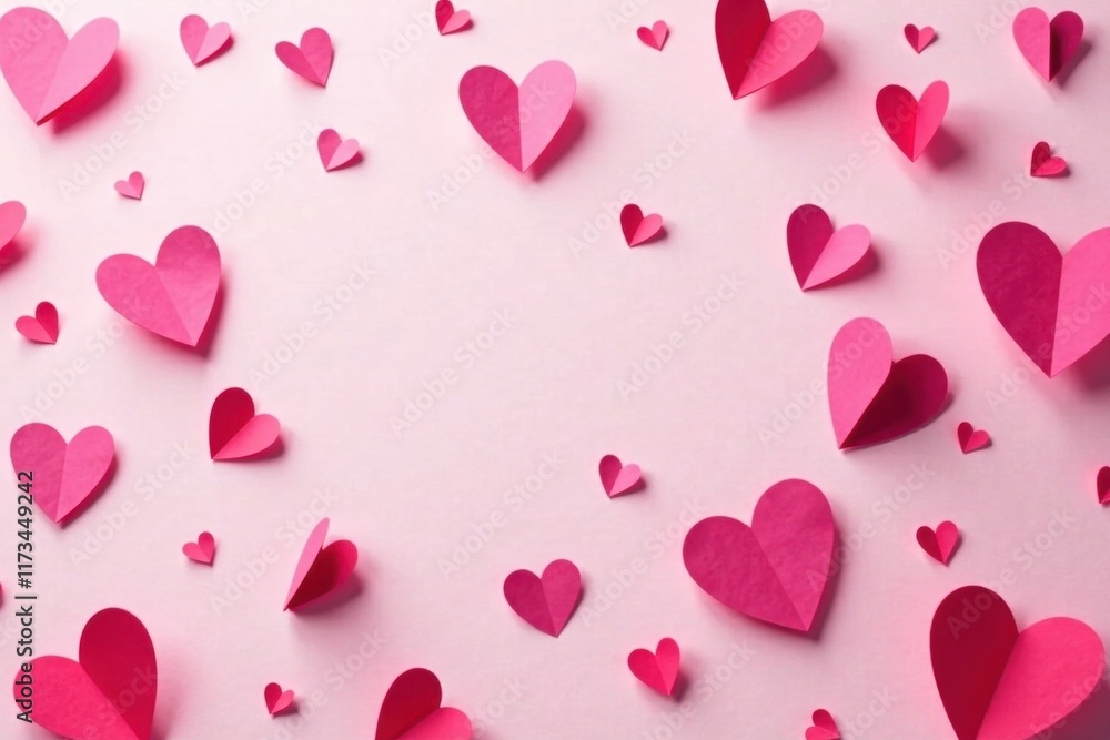 Scattered pink paper hearts confetti, ideal overlay for design , background, texture Scattered pink paper hearts confetti, ideal overlay for design , background, texture