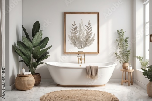 Modern minimalist bathroom with freestanding bathtub, plants, and artwork.