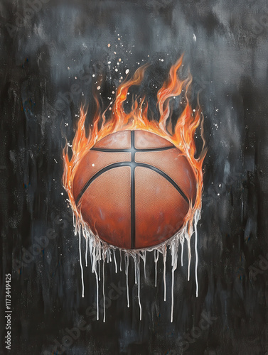 Basketball in Flames Against Graffiti Background