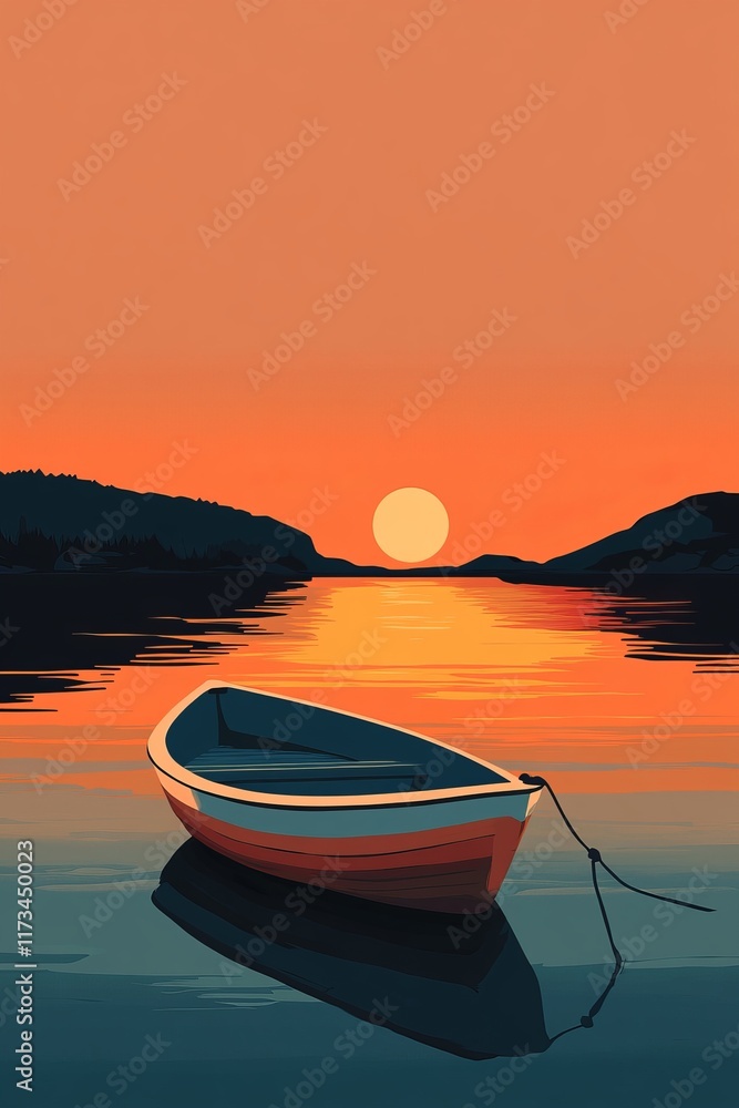A picturesque scene featuring a small rowboat anchored in calm waters during a vibrant sunset. Warm orange hues reflect beautifully on the surface, creating a tranquil atmosphere. A picturesque scene featuring a small rowboat anchored in calm waters during a vibrant sunset. Warm orange hues reflect beautifully on the surface, creating a tranquil atmosphere.