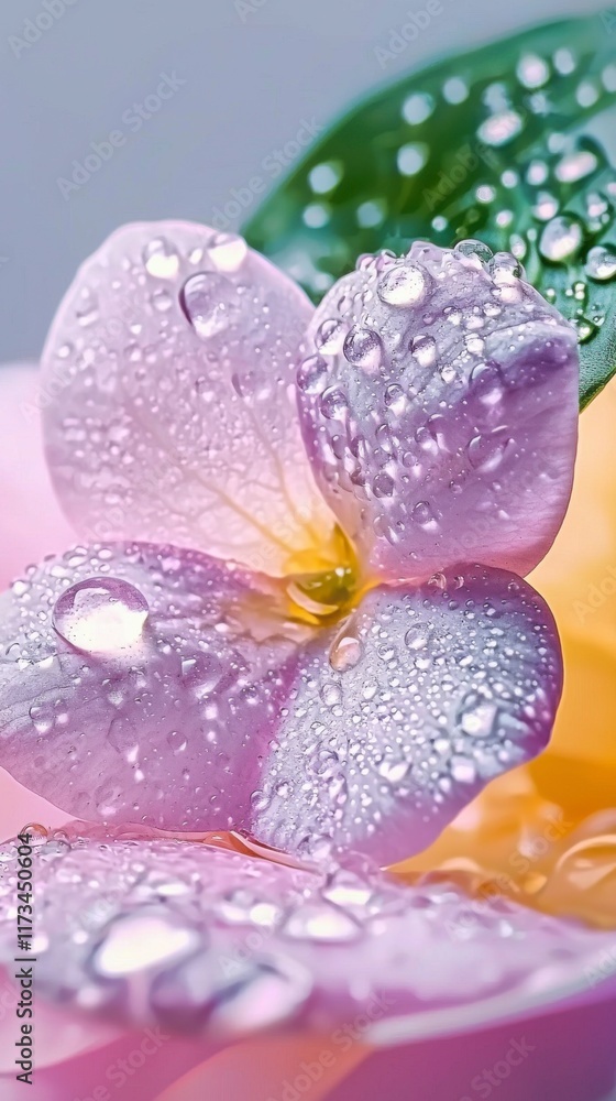 Delicate Flower Petals Adorned with Dew Drops, Showcasing the Beauty of Nature in a Soft Pastel Palette Against a Subtle Background Delicate Flower Petals Adorned with Dew Drops, Showcasing the Beauty of Nature in a Soft Pastel Palette Against a Subtle Background