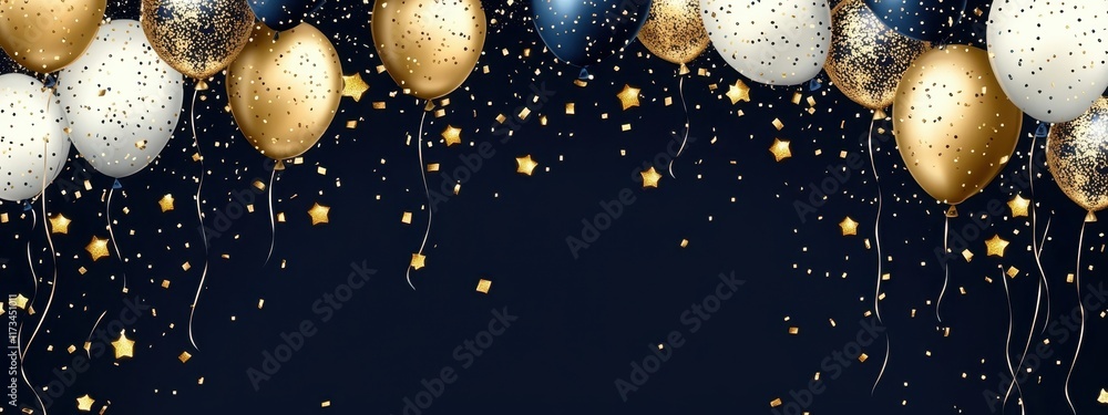 Fototapeta premium Festive balloons, gold and navy blue spheres, confetti, celebration backdrop, white background, party decorations, shiny metallic balloons, elegant event design, golden glitter, holiday atmosphere, lu