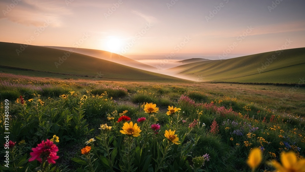 Fototapeta premium Wildflowers in rolling hills at sunrise
