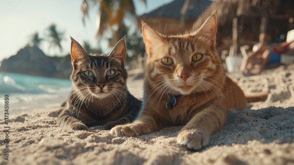 Two cats lounging on a sandy beach under palm trees, enjoying a sunny day by the ocean. Two cats lounging on a sandy beach under palm trees, enjoying a sunny day by the ocean.