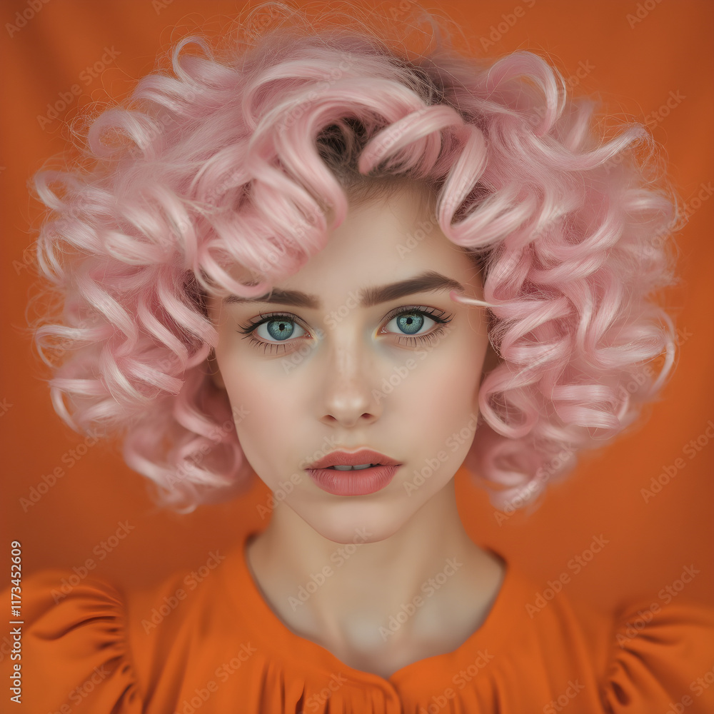 Fototapeta premium Una linda chica de pelo rosa muy rizado en frente de un fondo naranja