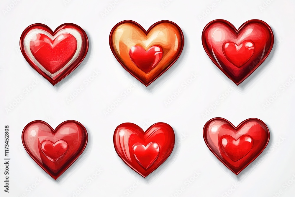 Six glossy, stylized hearts in red and orange. Six glossy, stylized hearts in red and orange.