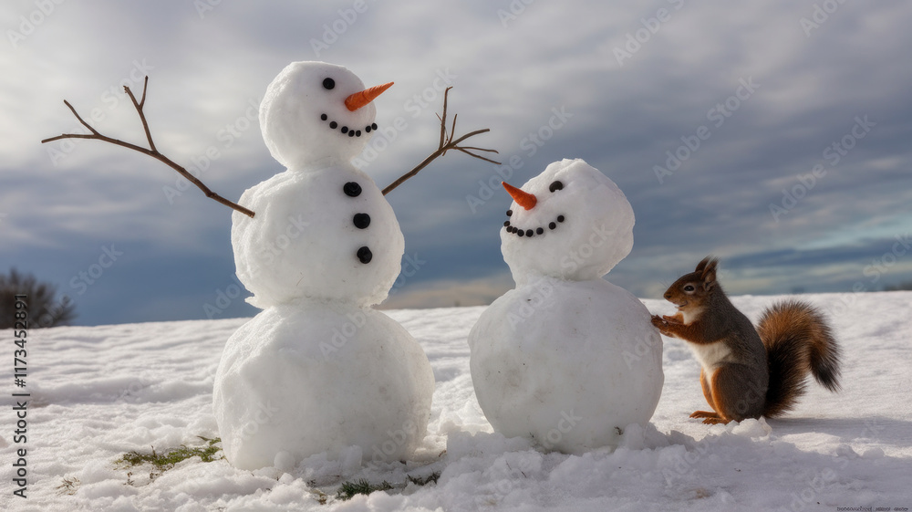 Snowman Meeting Curious Squirrel in Winter Forest Snowman Meeting Curious Squirrel in Winter Forest
