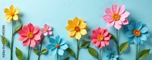 Wallpaper Mural Colorful handmade paper flower bouquet, light blue background, empty center, template, spring, summer Torontodigital.ca