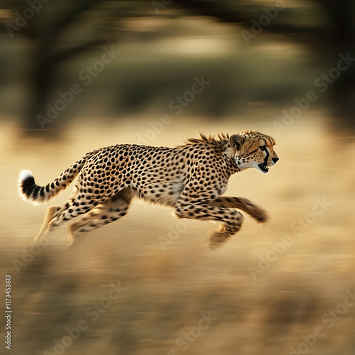 A stunning action shot of a cheetah sprinting across the savannah, showcasing its incredible speed and agility. Known as the fastest land animal, the cheetah's powerful stride and focus are captured i photo