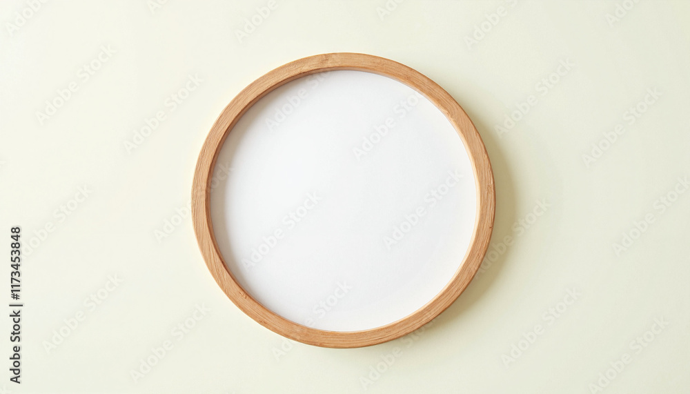 Circular Picture Frame Mockup, Circular wooden frame on light background Circular Picture Frame Mockup, Circular wooden frame on light background