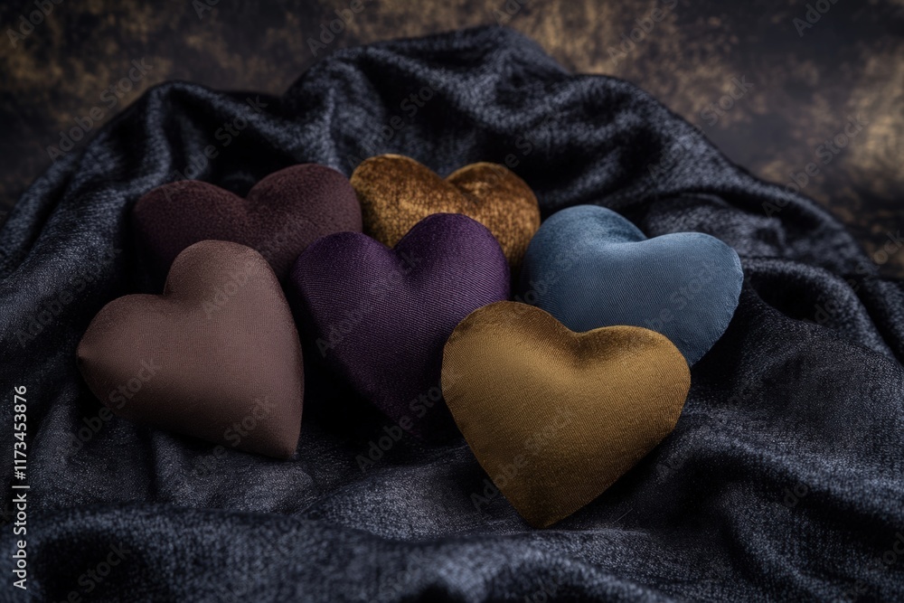 Fototapeta premium Colorful fabric hearts on dark velvet background in various shades