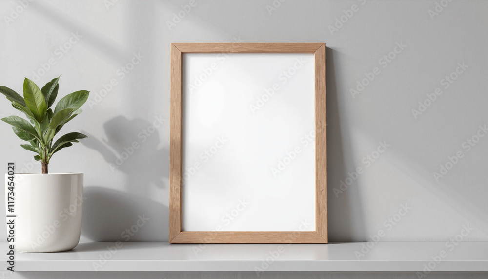 Picture Frame Mockup, Blank picture frame on shelf with houseplant in modern decor Picture Frame Mockup, Blank picture frame on shelf with houseplant in modern decor