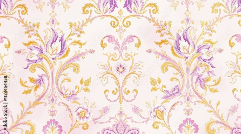Obraz premium Intricate floral pattern adorns a soft pastel background, creating a vintage-inspired textile atmosphere