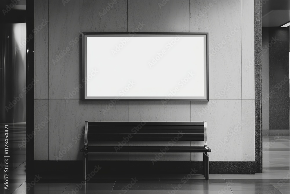 Blank white rectangular frame mounted on office lobby wall provides vast empty space for mockup designs and artistic creations. Blank white rectangular frame mounted on office lobby wall provides vast empty space for mockup designs and artistic creations.