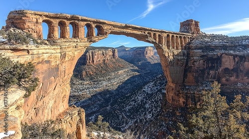 Natural bridge spanning canyon with snow dusting, distant mesas, sunny sky photo