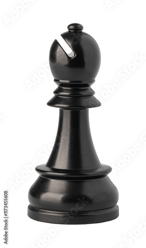 Black bishop chess piece standing on white background
