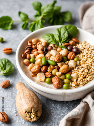 Nourishing plant based health food rich in lipids made from ingredients like nuts seeds legumes and whole grains for a healthy heart and balanced cholesterol set against a neutral backdrop photo