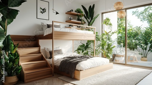 Cozy modern bedroom with a bunk bed, green plants, and natural light.